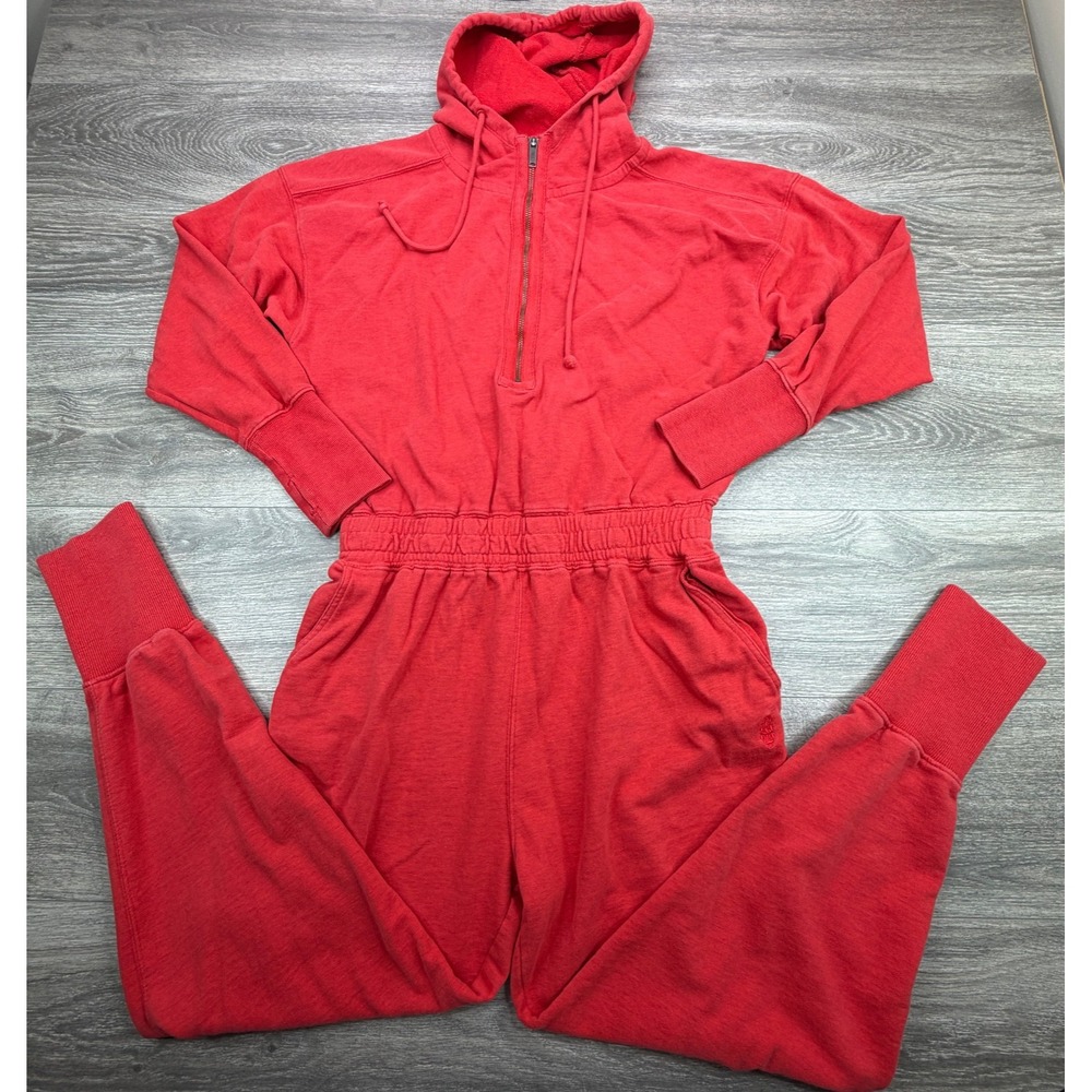 Free People Movement Training Day Jumpsuit Womens Medium Red Hooded Thumbholes